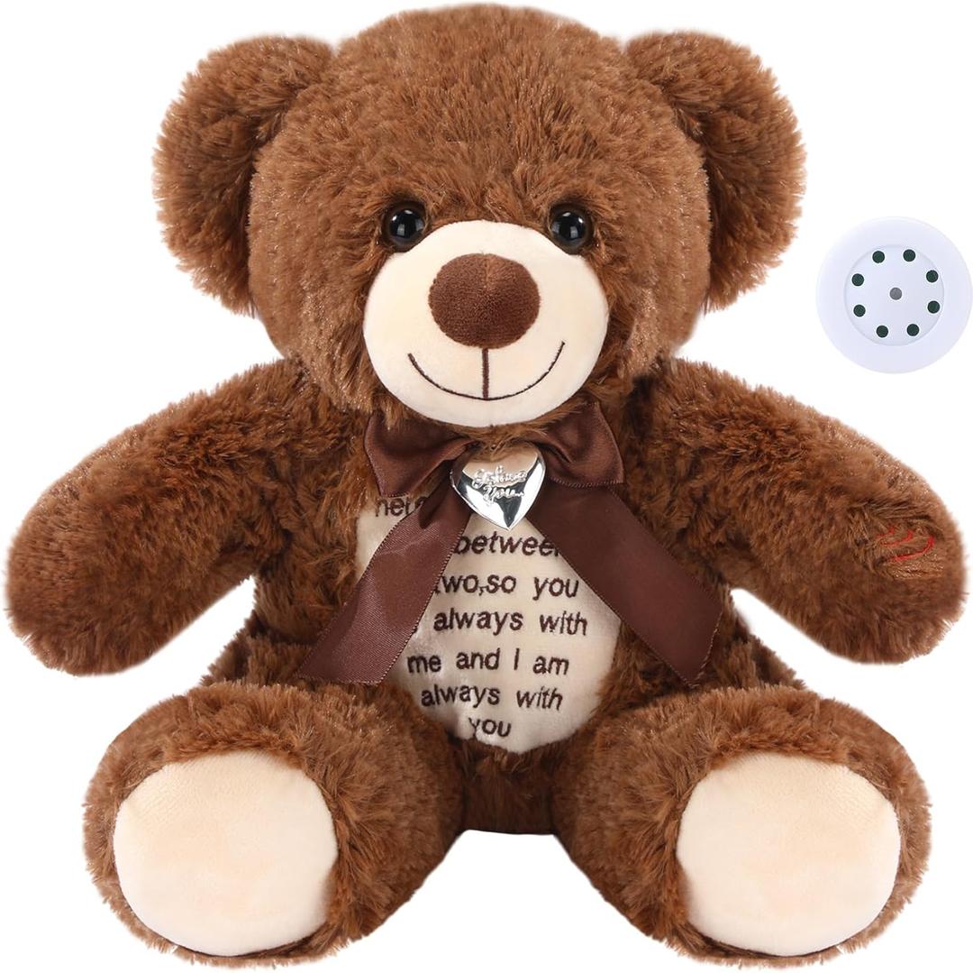12 Inch Bear Stuffed Animals with Voice Recorder Set 30 Seconds Voice Sound Recorder Module Soft Plush Remembrance Bear with Photo Pendant with Zipper Memorial Gifts(Dark Brown)