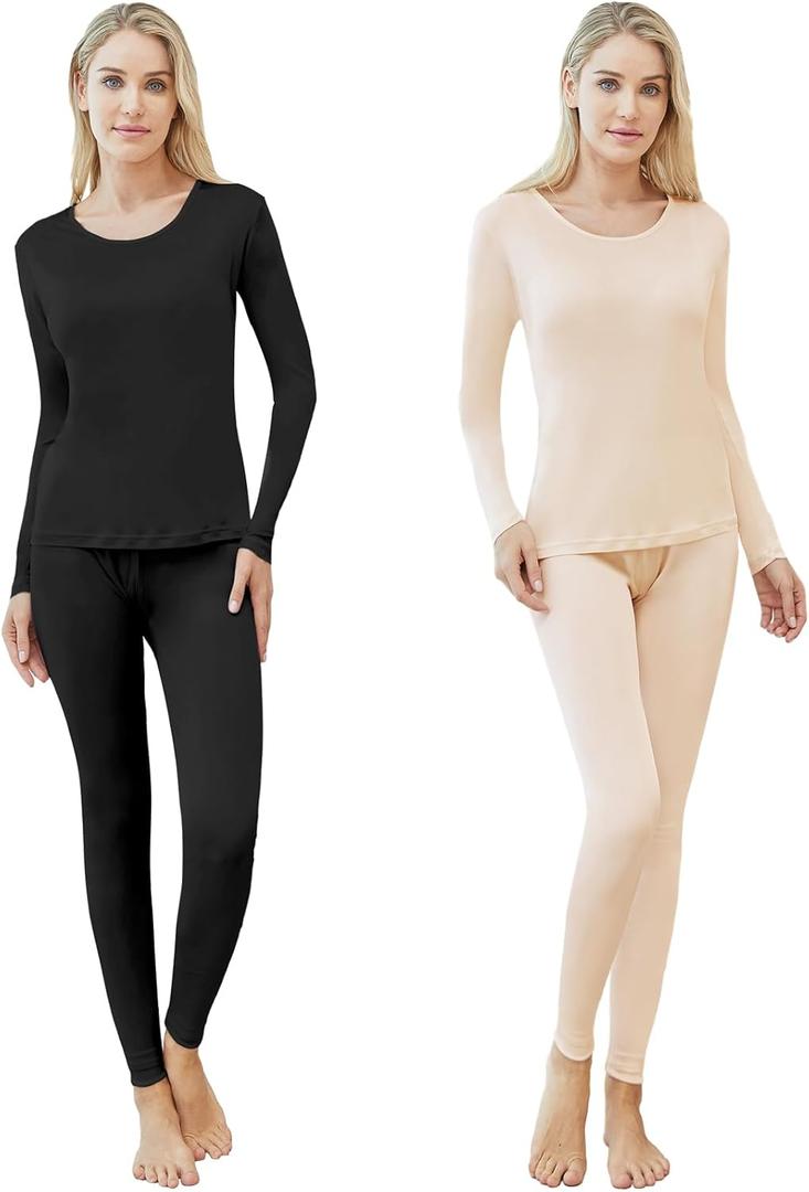 Panitay 2 Sets Women's Silk Thermal Underwear Set Mulberry Silk Long Base Layer Pajamas Top Bottom for Winter (Black, Beige) S