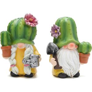 Hodao Cactus Gnome Figurines Cute Hand-Painted Resin Gnome Statues for Spring and Summer Home and Garden Decor, Patio, Windowsill and Tiered Tray Accents(4.25 inch)