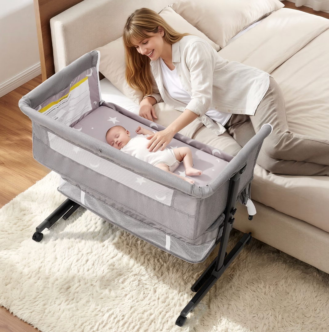 Baby Bassinet Foldable Portable Bedside Crib,Storage Basket breathable mesh,Light Gray