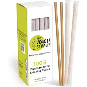 The Veggie Straws – 100 PCS of 8.25 Inches Individually Wrapped Biodegradable Straws – Made of Vegetable Fibers, Best Environment Friendly Drinking Straws for Hot and Cold Beverages