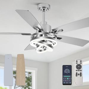 52" Ceiling Fan with Light Chandelier Fan Modern DC Motor Dimmable Led Fandelier Ceiling Fan with Light for Bedroom, Living Room (Silver)