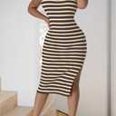 Women's Casual Spring Summer Stylish Striped Round Neck Sleeveless Knitted Slit Midi Dress (Brown, XL)