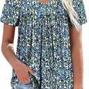 WEESO Womens T Shirts Short Sleeve Pleated Dressy Casual V Neck Summer Tops Blouses Floral Blue 3XL