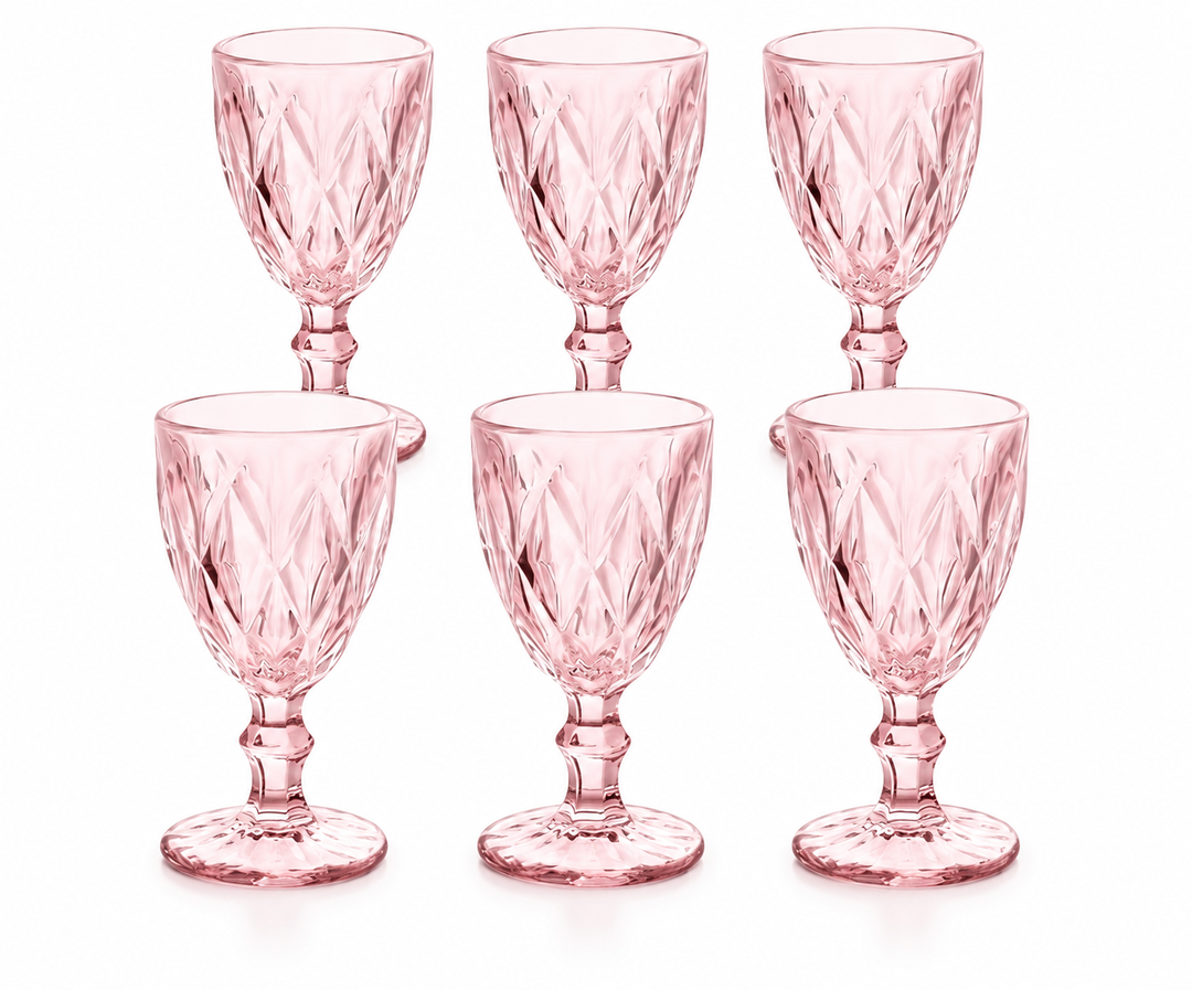 Yinder Glass Goblet Vintage Wine Goblet Embossed Glassware 10 oz Solid Color Glass Stemmed Cups for Iced Tea Beverage Soda Juice Water Liquor and Party Wedding Bars Restaurants(Pink,6 Pack)