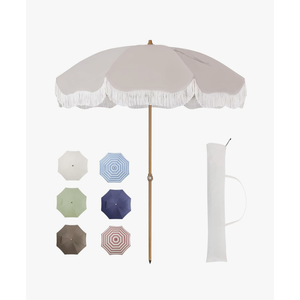 Tempera 7ft Outdoor Patio Umbrella with Carry Bag,Beach Umbrella with Fringe|Vintage Tassel Umbrella with Prime Steel Pole and Ribs Push Button Tilt,Ideal for Garden Lawn,UPF50+