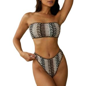 ZAFUL Women Strapless Textured Bandeau Bikini 2 Piece Swimwear Cheeky Solid Lace up Bathing Suits (M)