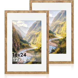 iRahmen 16x24 Picture Frame Set of 2 with Plexiglass, Display 12x18 Picture with Mat or 16 x 24 Without Mat, Rustic Brown Wood Poster Frame for Photo Wall Gallery Mounting Horizontal and Vertical, Rustic Brown