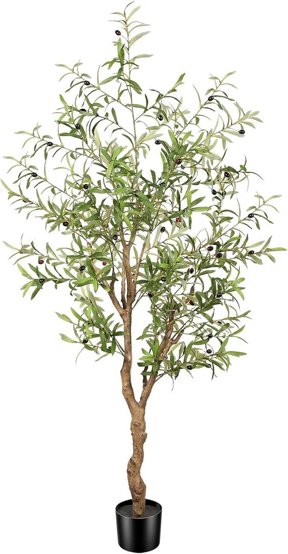 Artificial Olive Tree 6ft -Tall Fake Potted Olive Silk Tree with Planter Natural Olive Branches and Realistic Leaves - Faux Olive Tree for Home House Office Decor Indoor (6ft)