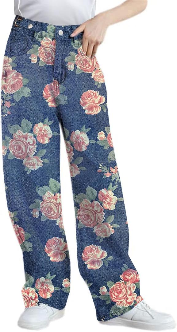 SANGTREE Girls Printed Jeans Baggy Jeans Elastic Waist Casual Wide Leg Denim Pants 6-14 Years (9-10 Years)