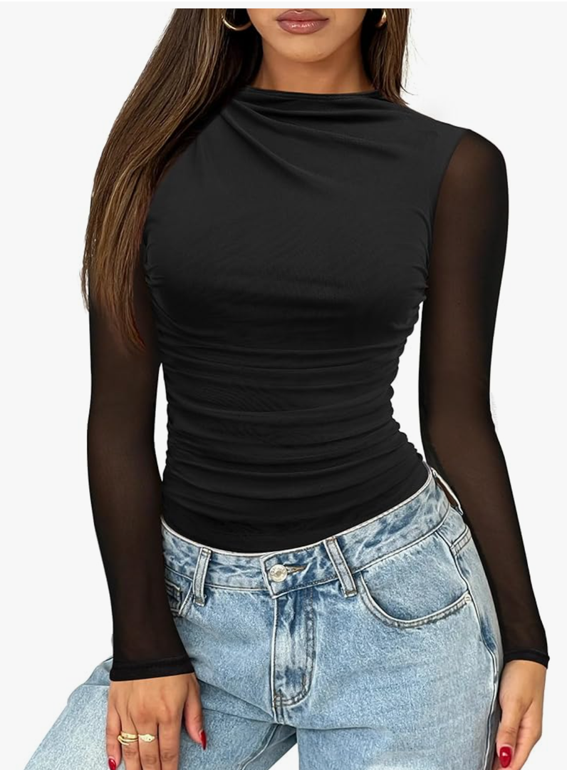 Saslax Women's Long Sleeve Sheer Mesh Mock Neck Ruched Thong Bodysuit Sexy Club Date Night Outfit Top Size Medium