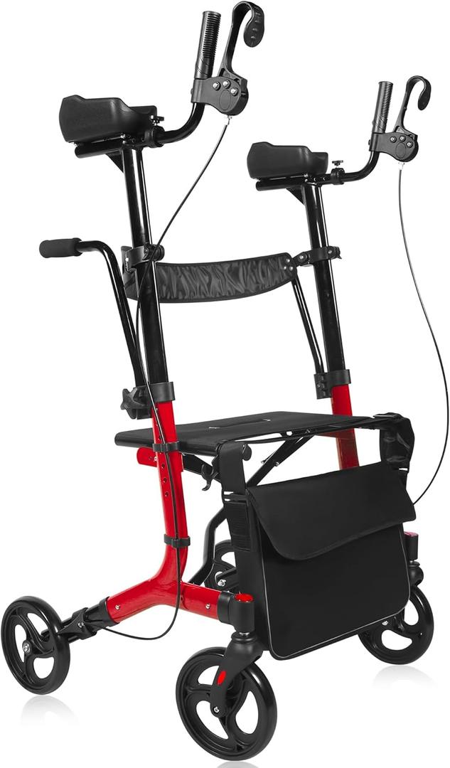 Upright Walker for Seniors & Adults with Seat 450 lb Capacity, Stand Up Walkers Foldable, 19.8 lbs Lightweight, Adjustable Arms, 10-Inch Big Wheels for All Terrain Rollator Walker (Red02)