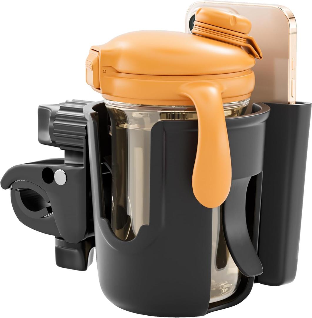 Li & Zhao Universal Stroller Cup Holder - 2-in-1 Wheelchair Cup Holder Adjustable Bike Drink Holder with Phone Holder Accessories for Rollator, Bike, Scooter, Walker(Black)