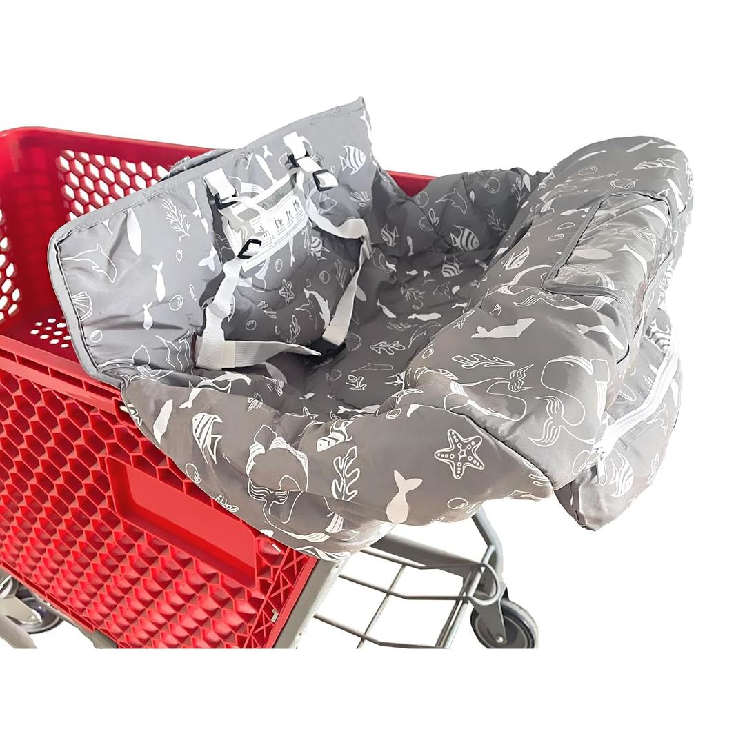 Portable 2-in-1 Grocery Cart Seat Cover and Baby Highchair Cover (Gray Seaworld)