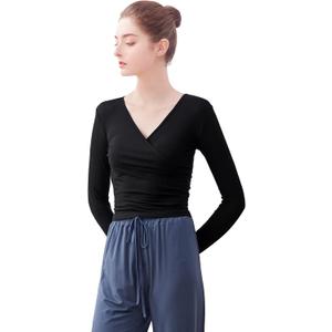 Women's Yoga Dance Crop Long Sleeve Blouse Adult V Neck Front Cross-Back Lace-up Top (Black) S