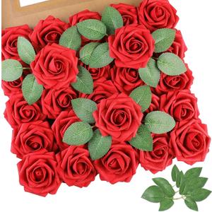 AmyHomie Artificial Flowers Red Rose 50pcs Real Looking Fake Roses w/Stem for DIY Wedding Bouquets Centerpieces Arrangements Party Baby Shower Valentines Day Christmas Tree Decorations