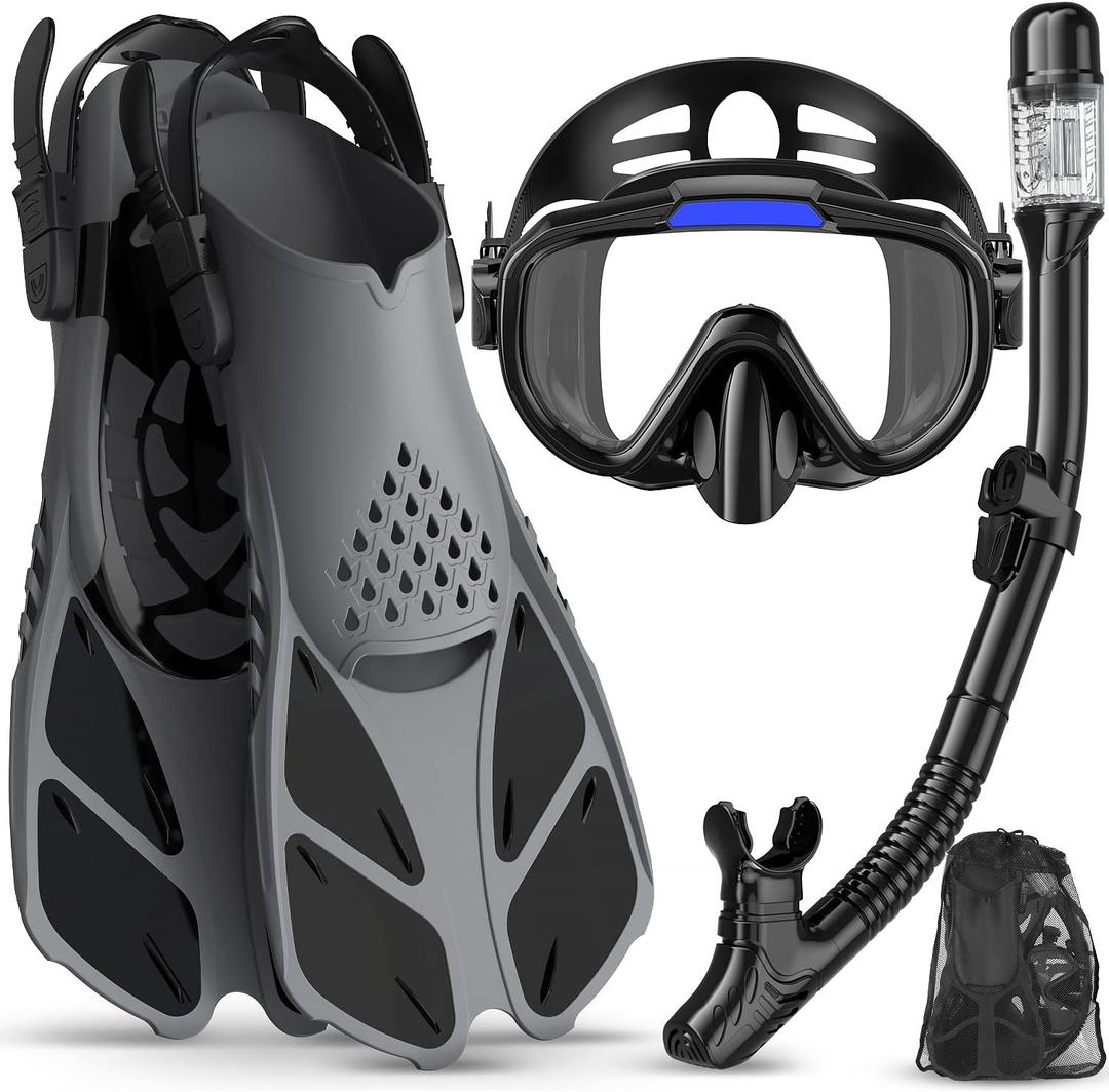 Snorkeling Gear for Adults Men Women,4 in 1 Snorkel Set with Panoramic View Diving Mask Anti-Fog Anti-Leak,Dry Top Snorkel,Fins and Travel Bag for Swimming,Snorkeling and Travel Diving Size ML/XL