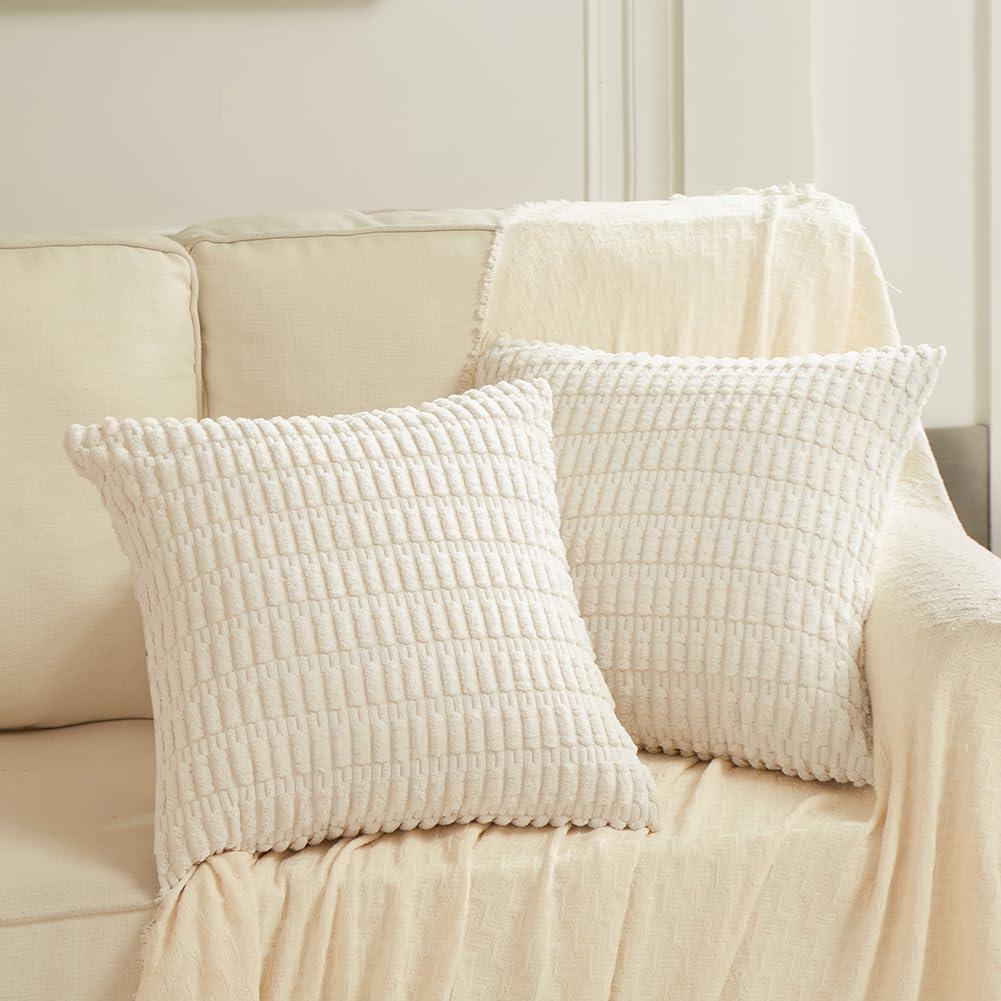 Fancy Homi 2 Packs Boho Decorative Throw Pillow Covers 18x18 Inch for Living Room Couch Bed Sofa, Rustic Modern Farmhouse Home Decor, Soft Corduroy Cream Square Cushion Case 45x45 cm (18" x 18" (Pack of 2), Cream)