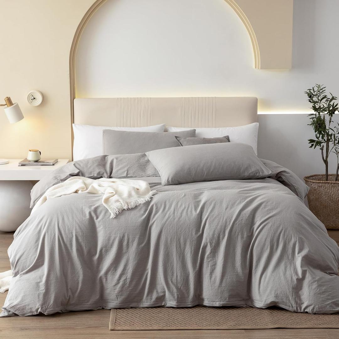 JIYUAN Queen Size Duvet Cover Set, 3-Piece - 100% Washed Cotton, Linen-Like Soft & Breathable with Zipper Closure, Includes 90x90 Inch Cover & 2 Pillowcases, Heathered Pastel Grey