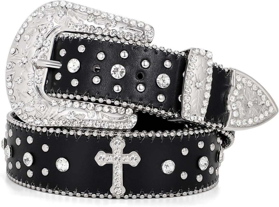 Rhinestone Belt for Men Women, Western Cowboy Cowgirl Belts Bling Leather Belt With Cross and Diamond for Jeans (S for Waist 26"-31", Black)