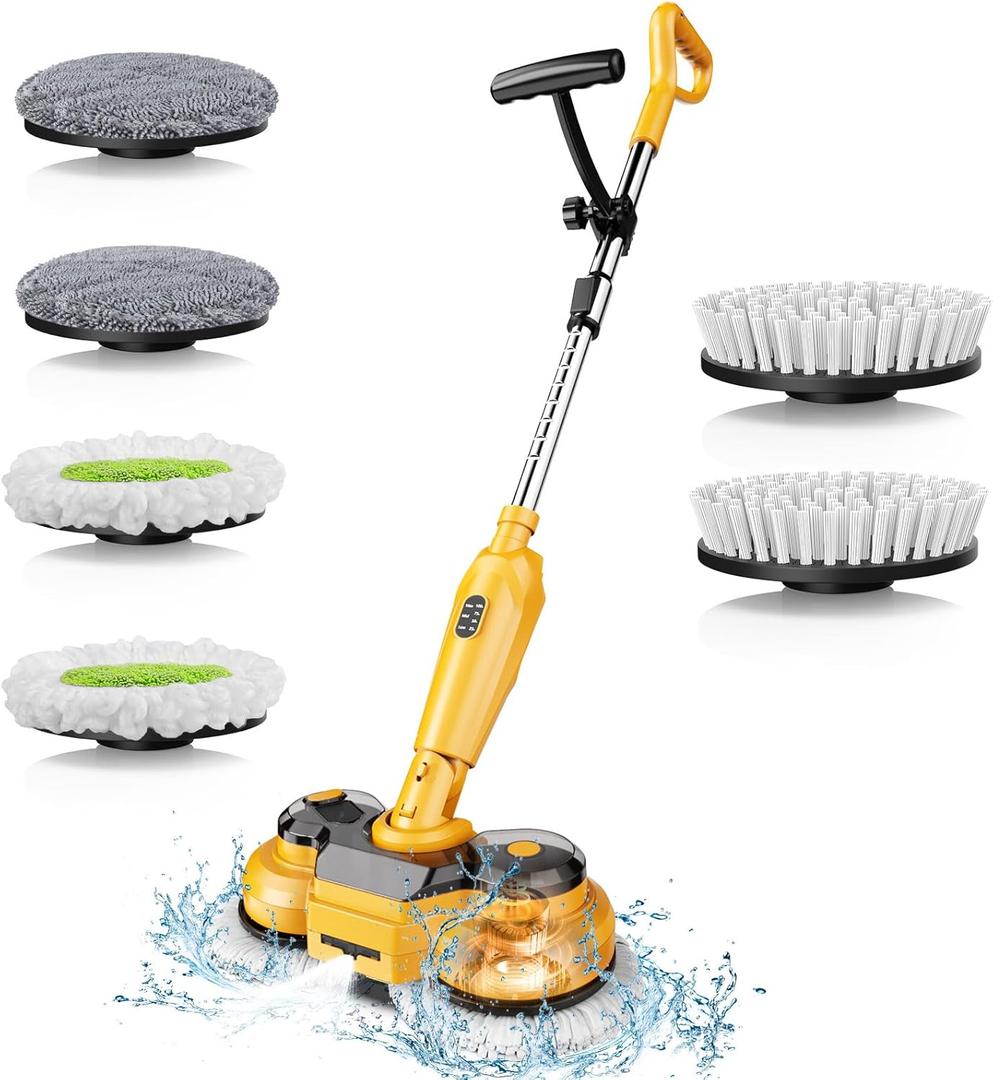 Cordless Electric Mop for Dewalt 20V Battery (NO Battery), 2 in 1 Spin Mop & Electric Floor Scrubber Machine with LED Light & Water Spray, 800 RPM Rotating Electric Mops for Floor Cleaning (Yellow)