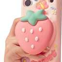 Cute 3D Strawberry Pop-Up Stand and Grip Phone Case for iPhone 17 Pro Max, Kawaii Girly Silicone Fruit Cover for Girls and Women, Pink