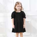 Neutocd Toddler Baby Girl Dress Ruffle Short Sleeve Elastic Solid Square Neck Flared Plain Casual Summer Dresses for Girls (3-4T, #0 Black)