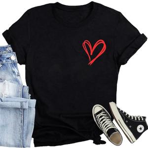 Valentines Day Shirt for Women Love Heart Printed T-Shirts Casual Summer Tee Tops (Black, S)