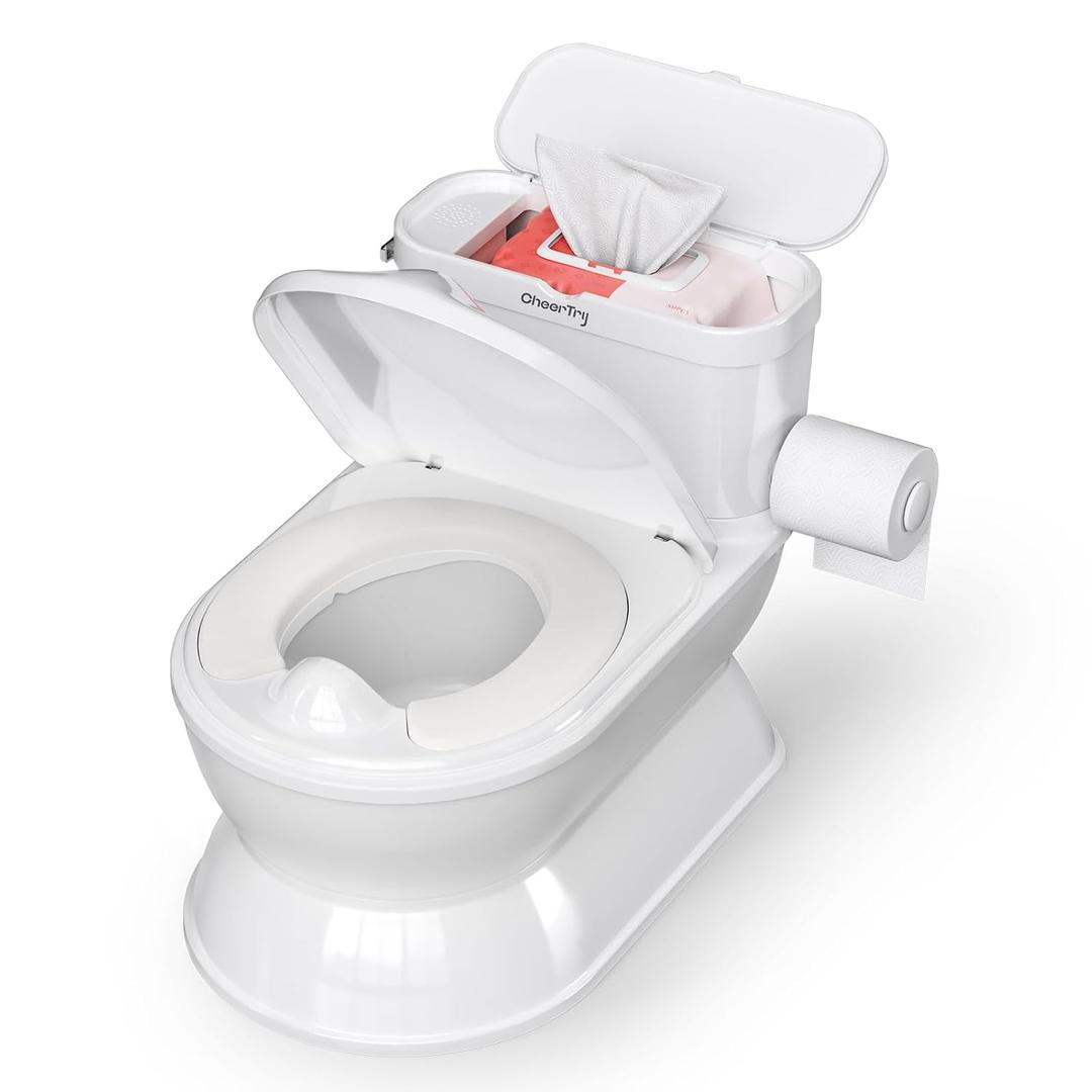 CheerTry 2-in-1 Toddler Potty Training Toilet - Larger Potty Chair & Detachable Training Seat for Boys & Girls Ages 1-3 with Flushing Sound, Wipes Storage, Toilet Paper Holder (White)