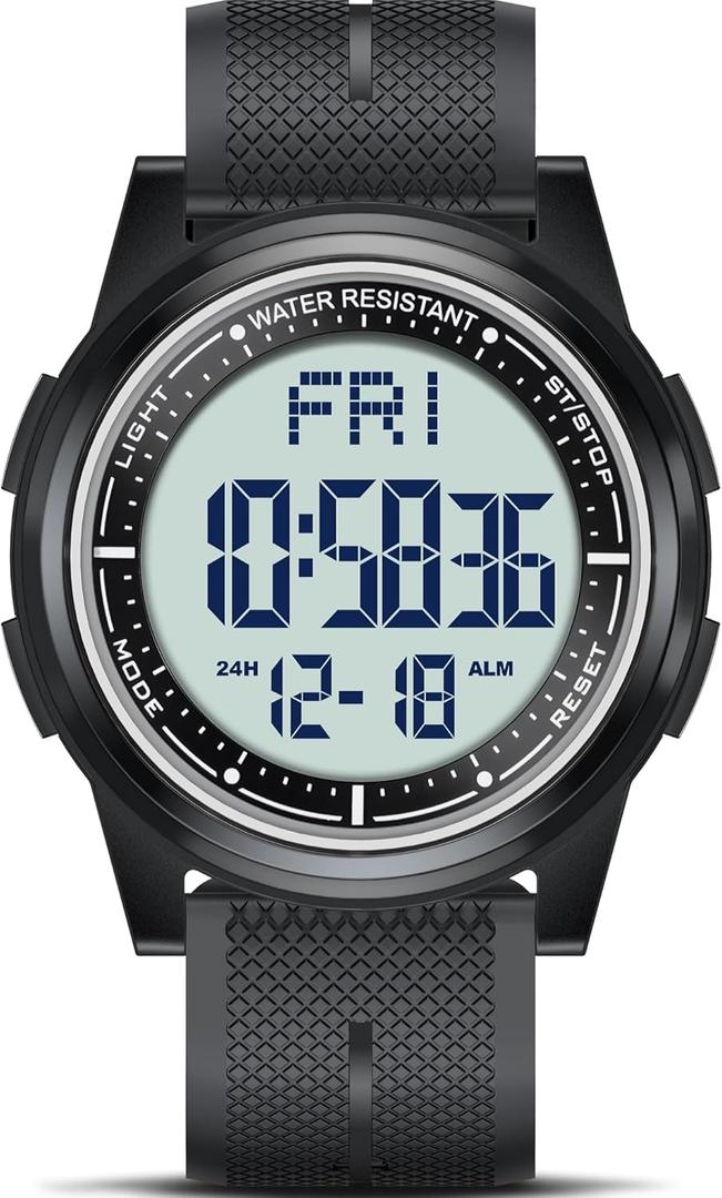 Beeasy Digital Watch for Men Women, 50M Waterproof, Ultra-Thin & Lightweight, 44mm Silicone Sports Watch with Alarm, Stopwatch, Countdown, Ideal for Gym, Running, School, Daily Wear (Black)