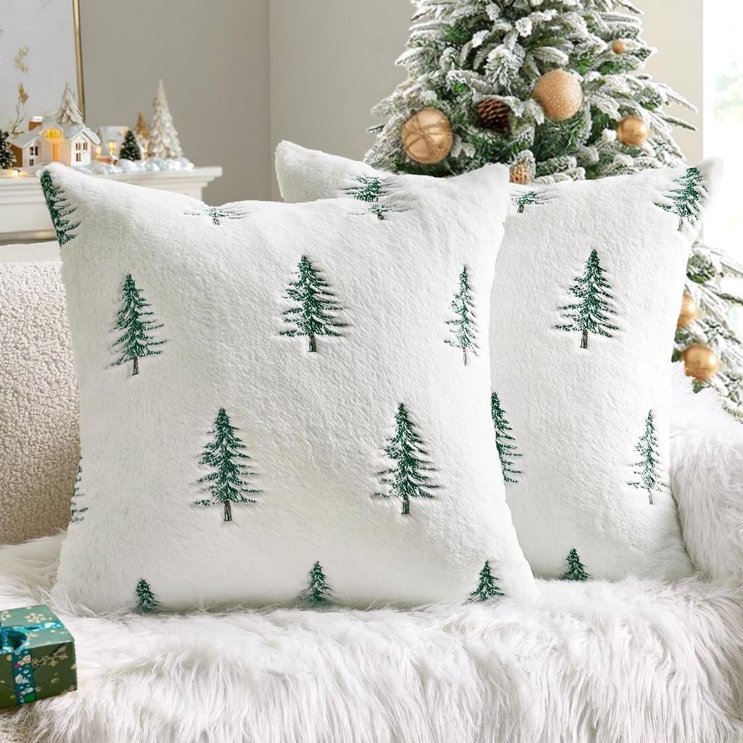 MIULEE Christmas Decorative Pillow Covers Set of 2 Faux Fur Throw Pillows with Embroidered Christmas Tree 20x20 Inch White Green Winter Couch Covers for Festival Sofa Bedroom Living Room Home Decor