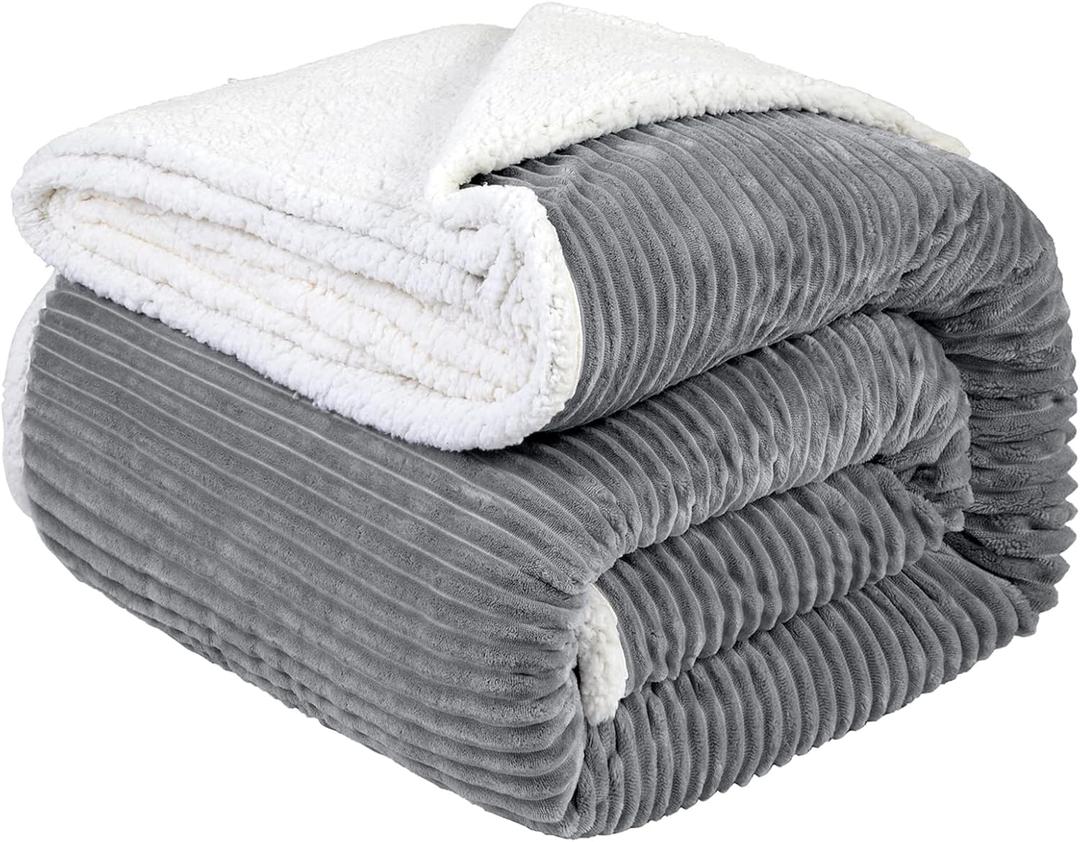 LBRO2M Striped Sherpa Fleece Bed Blanket King Size, Super Soft Fuzzy Plush Warm Cozy Fluffy Microfiber Couch Throw Velvet Double Reversible Luxurious Blankets (90x104),Grey