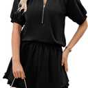 SHEWIN Two Piece Sets for Women Half Zip Up Puff Short Sleeve Tops and Ruffled Shorts Lounge Set Womens Summer Outfits 2026 (Large, Black)