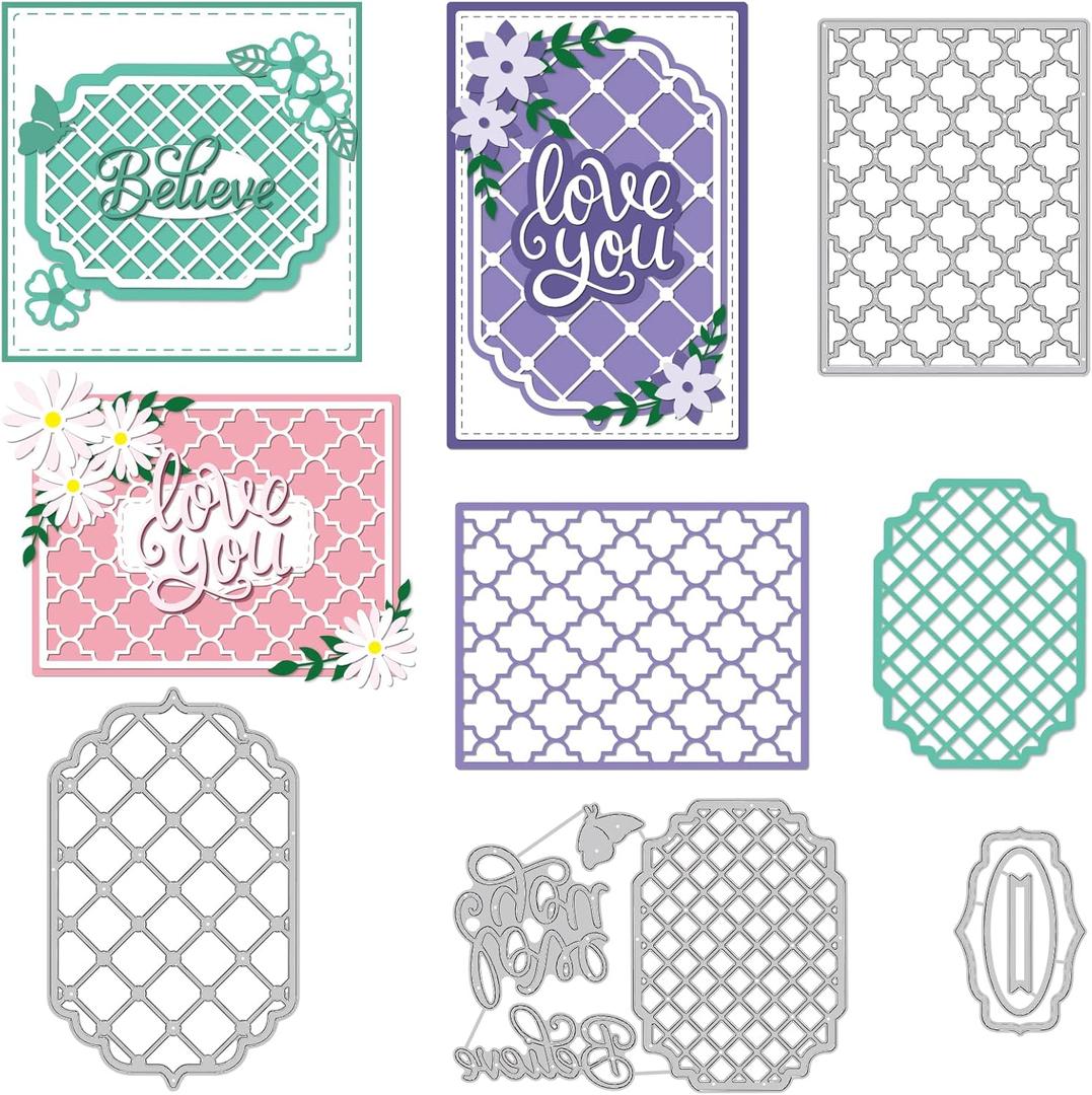 BENECREAT 4 Styles Net Lace Frame Cutting Dies, Grid Background Metal Cutting Dies for DIY Paper Craft Card Making Scrapbooking Decor