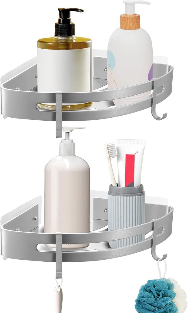JASTT Bathroom Corner Shelf Adhesive Shower Shelf Wall Mounted Bath Shelves Shower Caddy with Hook Storage Rack Shower Organizer Corner Shelf No Drilling Shower Caddy Basket Rust Proof 2 Packs Silver