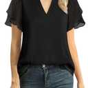 ANRABESS Women’s Dressy Casual Blouses Chiffon V Neck Petal Short Sleeve Shirts 2025 Summer Business Work Tops Black L