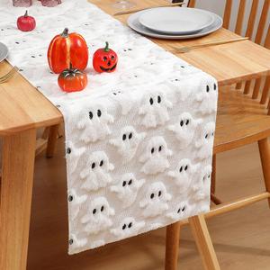 Halloween Ghost Table Runner, White 3D Faux Fur Table Runners, 3D Cute Ghost Pattern Table Decor for Indoor Outdoor, Halloween Home Party Decor, 13*72 Inch