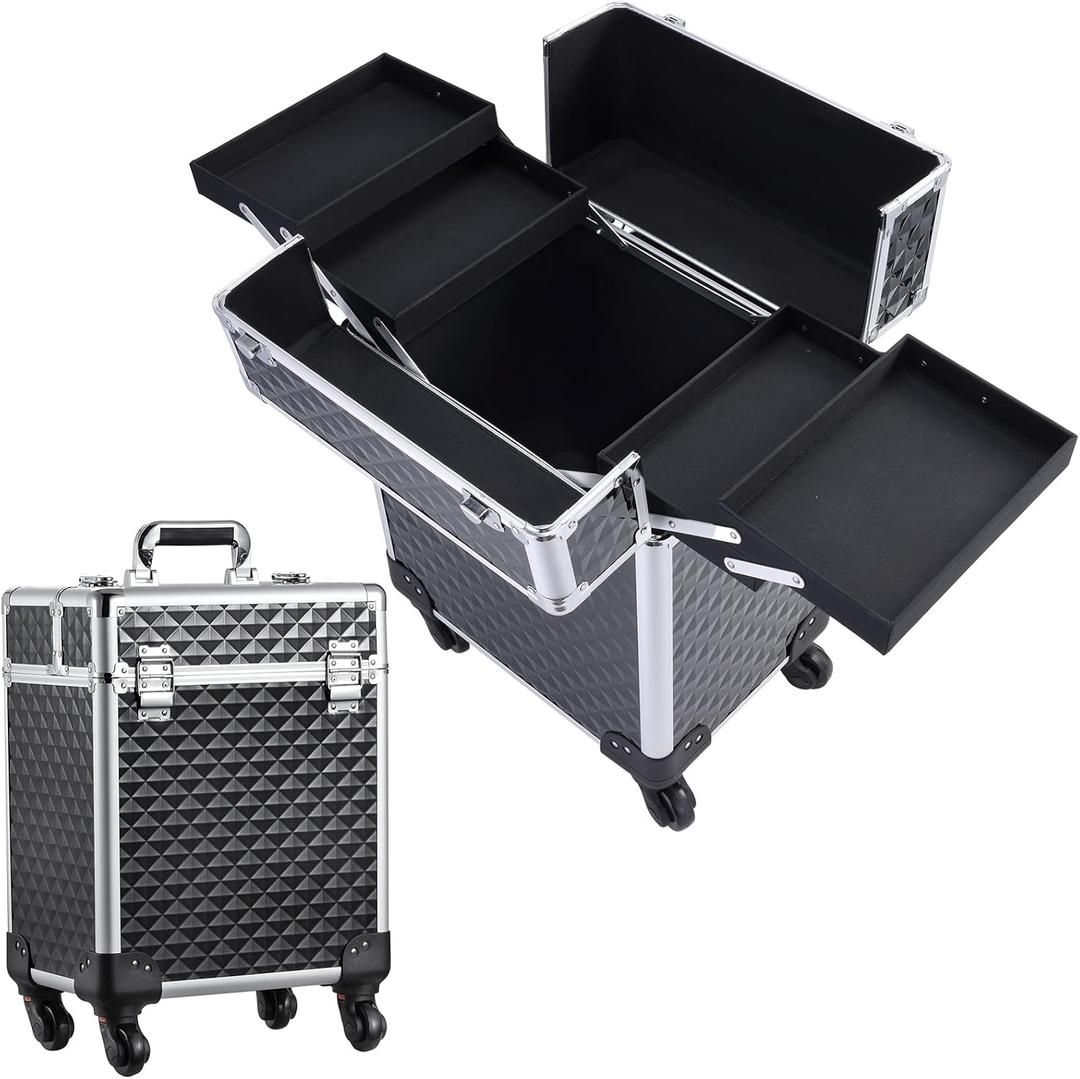 Rolling Makeup Train Case Large Cosmetic Trolley Organized Aluminum Barber Case for Hairstylist Makeup Nail Tech Salon with Keys Swivel Wheels Traveling Cart Trunk - Black