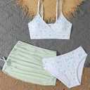 QJQ Girl's 3 Piece Floral Swimsuit Cute V Neck Bikini Set High Waisted Bathing Suit Sheer Mesh Cover Up Skirt (White)
