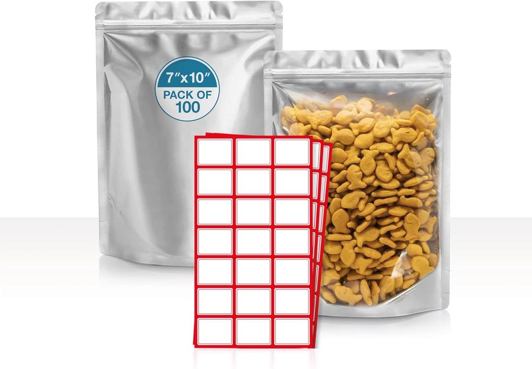 BELLE KR 7x10 Quart Mylar Bags for Food Storage - Pack Of 100-7.5mil Thick - Gusseted Bottom - Clear Mylar Bags with See Through Window for Freeze Drying food - Labels Included