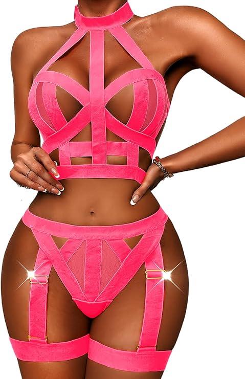 Kaei&Shi Strappy Cutout Lingerie, Halter Backless Garter, Sexy Top Outfits M