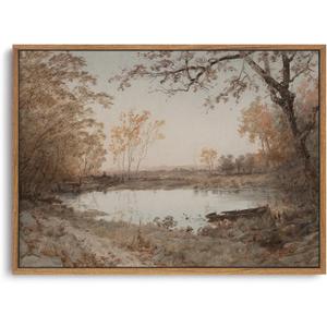 ZZLWBKGL Vintage Framed Wall Art Landscape Wall Decor Farmhouse River Canvas Art Forest Lake Pictures Nature Paintings Rustic Artwork For Living Room Study Bedroom