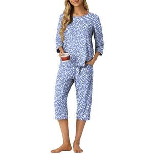 PrinStory Women's Pajama Set Capri Pjs Sets 2 Piece Soft Lounge Sets Sleepwear with Pockets, L