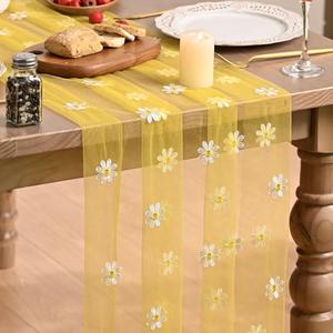 Artoid Mode Yellow Daisy Gauze Embroidery Table Runner 120 Inch 10FT, Tulle Seasonal Spring Kitchen Dining Holiday Table Decor for Home Party