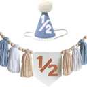 Blue Handmade 1/2 High Chair Banner with Cone Birthday Hat for Half Way To One Baby Boy 6 Months Half Birthday Decorations
