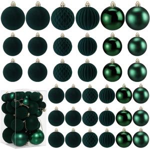 Soulchen 42 Pcs Velvet Christmas Ornaments Set Flocked Dark Green Christmas Ball Ornaments Hanging Shatterproof Xmas Ball Decor with 5 Styles in 3 Sizes for Xmas Tree Holiday Indoor Outdoor Home Decor