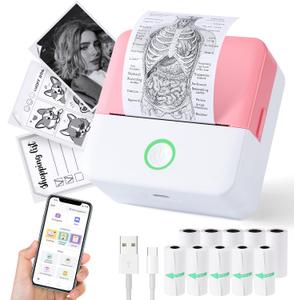 Print Pods Mini Printer, Thermal Inkless Sticker Maker with 10 Rolls Printing Paper, Pocket Printpod for phone, Impresora Porttil for Notes, Flashcards, Journal, DIY, Compatible with iOS & Android (Pink)