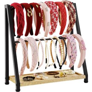 Headband Holder Organizer Metal 2-Tier Display Stand for Selling, Home Bedroom Headband Storage for Girls Women, Headband Stand Wood Base Can Store Hair Ties, Black