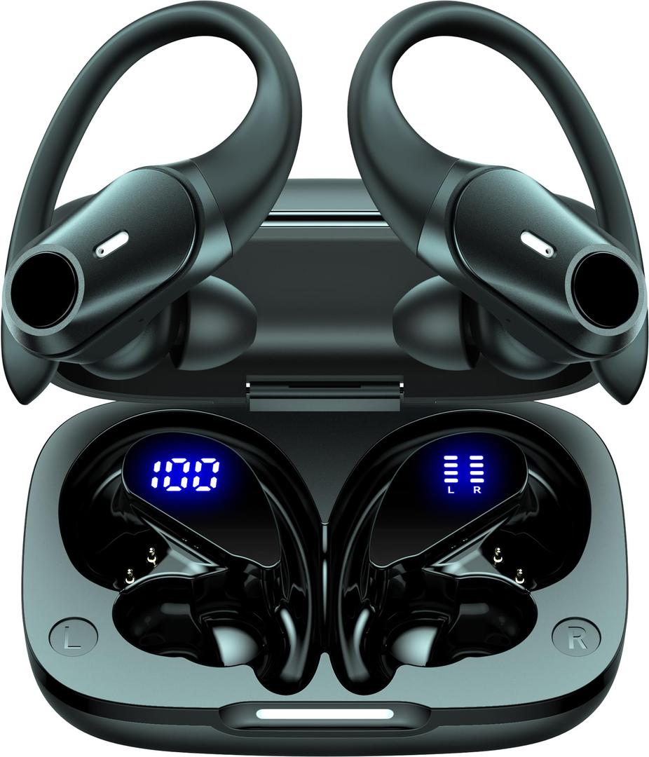 Active Noise Cancelling Ear Buds Wireless Earbuds 80H Playtime Bluetooth Headphones Over Ear Hooks Earphones with Power Display Case Hi-Res Stereo & Clear Calls for Sports Running Gym Workout Black