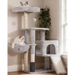Heybly Cat Tree with Cat Self Groomer Brush, Cat Tower Condo for Indoor Cats with Padded Plush Perch, Cat House with Basket Scratching Board Post, Light Gray HCT005SW